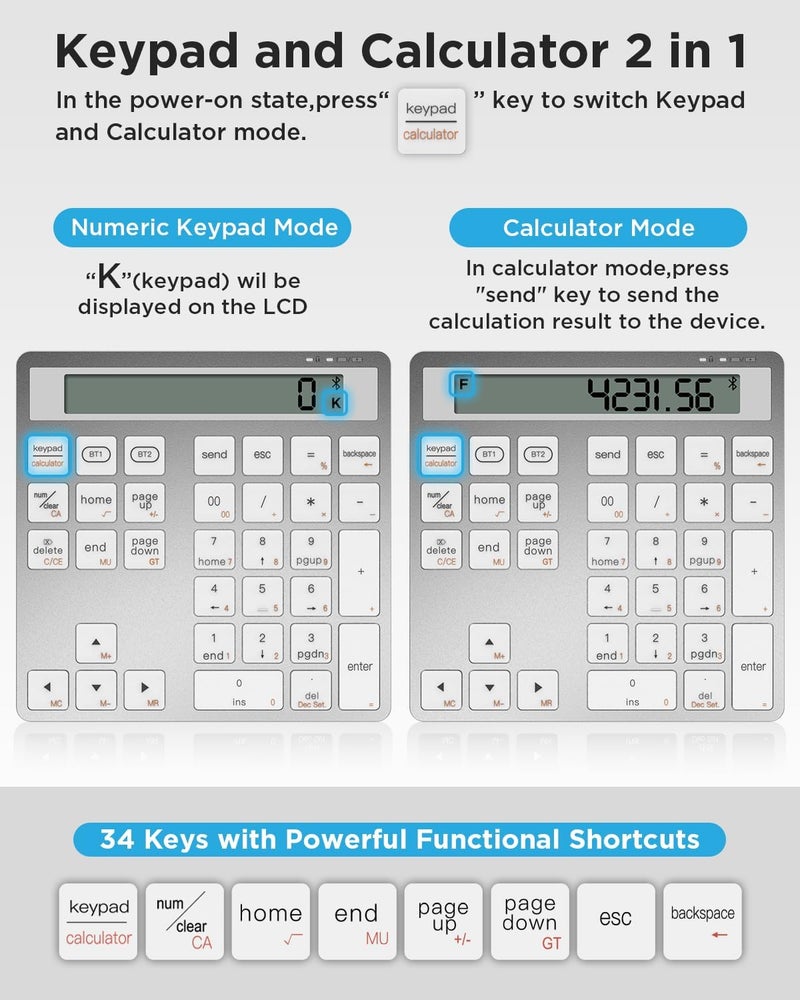HoRiMe Number Pad for Laptop - Rechargeable Wireless Number Keypad 34 Keys with Dual Bluetooth, 2 in 1 Numeric Keypad Calculator with Display - Portable Slim Numpad for Windows, Mac, iMac, PC, Tablet - Image 4